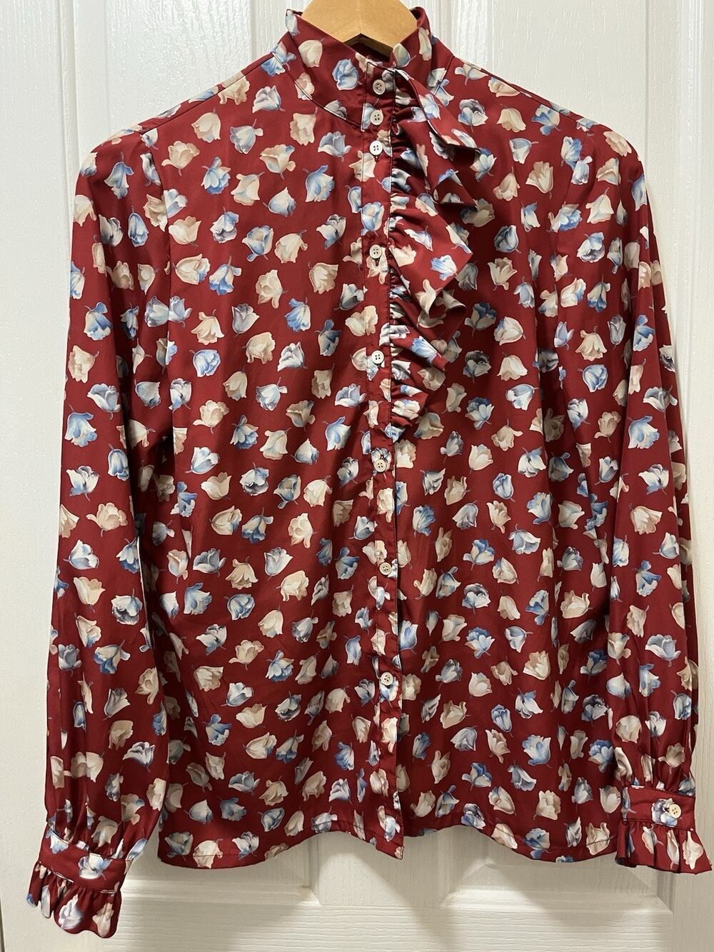 VTG Bleyle 70s VTG Top Blouse High Neck Collar Ruffle Floral Cottagecore Prairie
